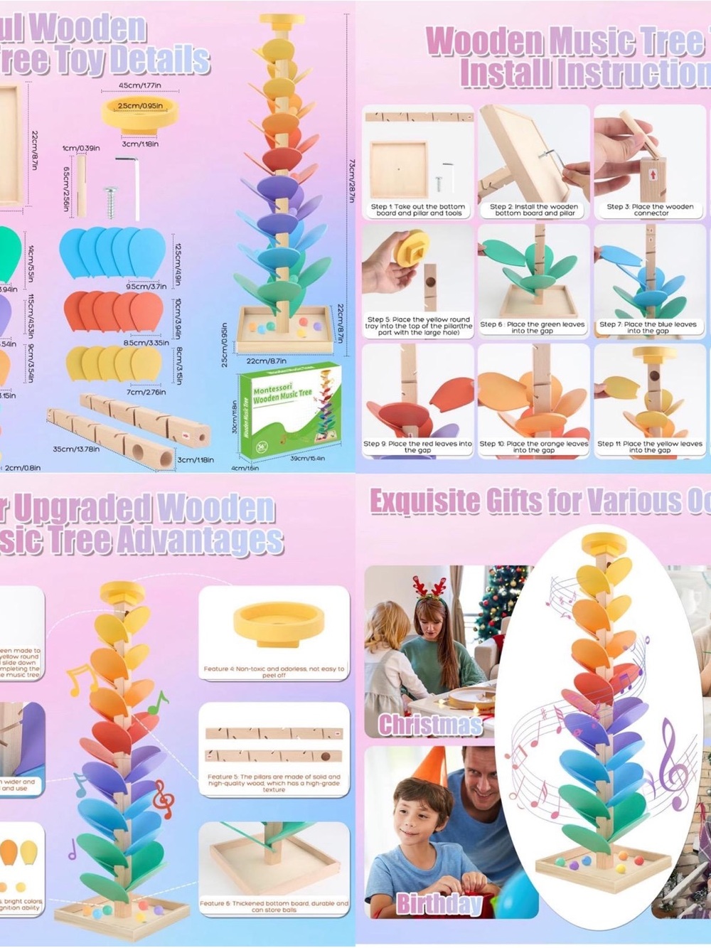Wooden Rainbow Music Marble Tree Toy - Multicolor